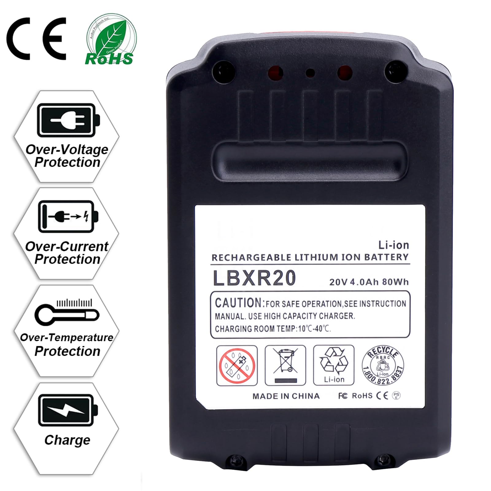 Lasica 4.0Ah 20V battery pack in-box image highlights easy replacement and two-pack value.