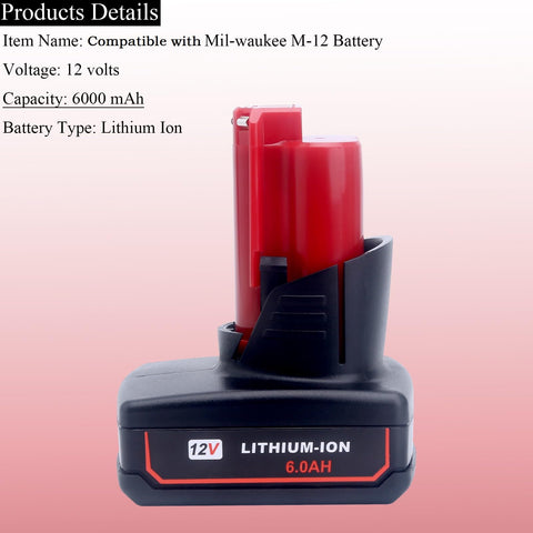 Lasica M12 6Ah battery pack side view, compact design for tight tool spaces.