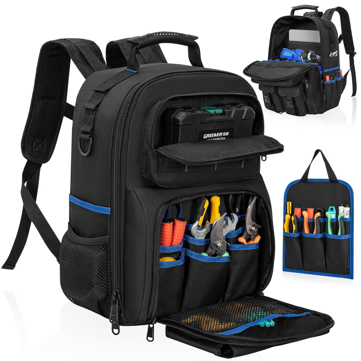 LASUK tool backpack main compartment shown with organized storage for easy access
