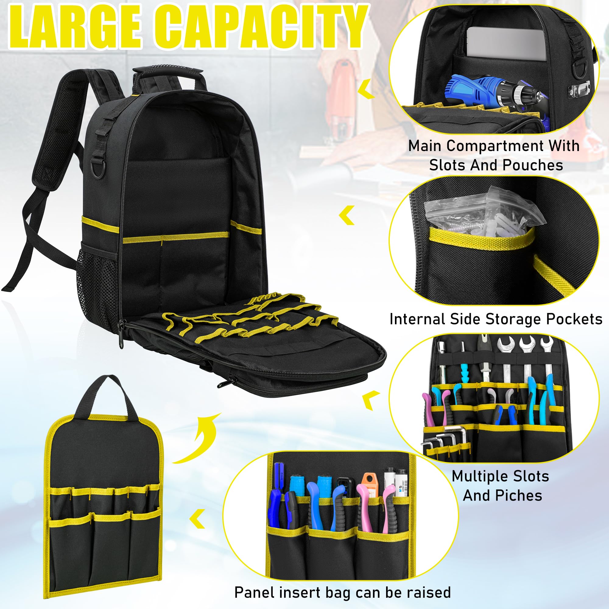 LASUK tool backpack side pockets for quick tool access