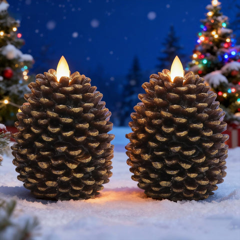 Lasumora pinecone candle brown glows with a warm, flameless light for mantels