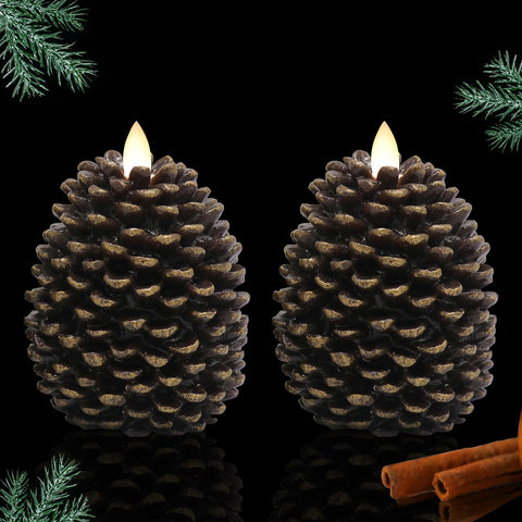 Lasumora pinecone candle on mantel offers woodsy ambience without flames