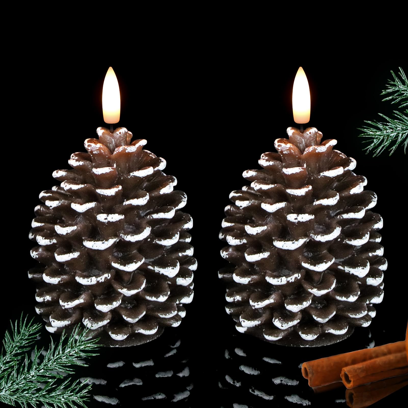 Lasumora pinecone candle on mantel enhances holiday lighting safely.