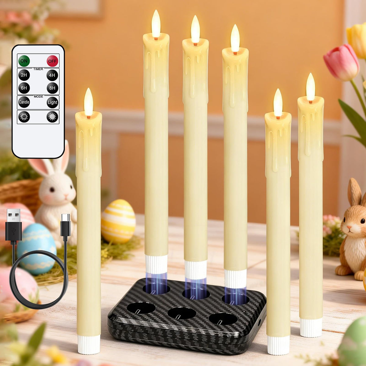 Lasumora rechargeable flameless taper candles on charging station for easy, all-in-one power