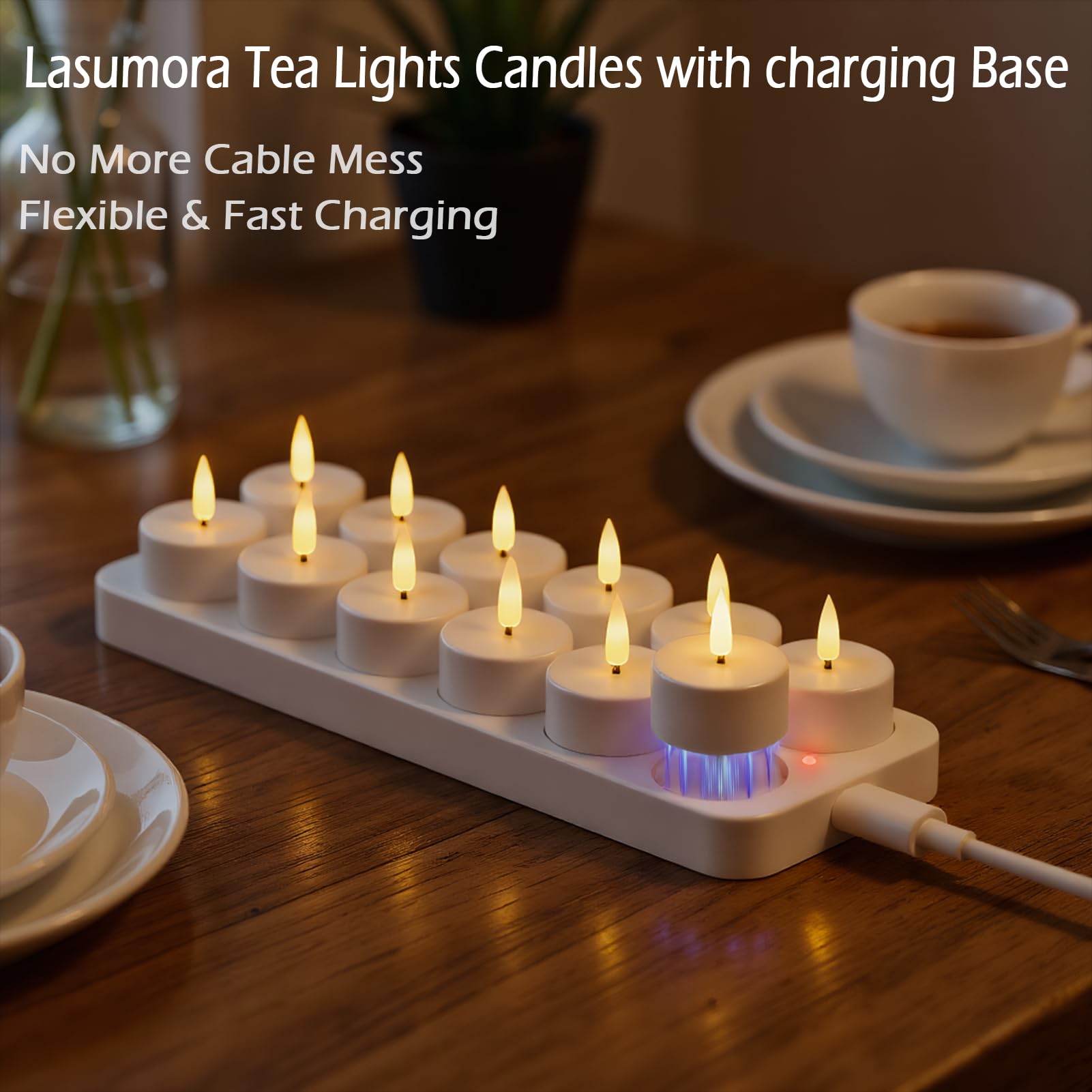 Lasumora LED tea light close-up showing flameless ambiance and flicker