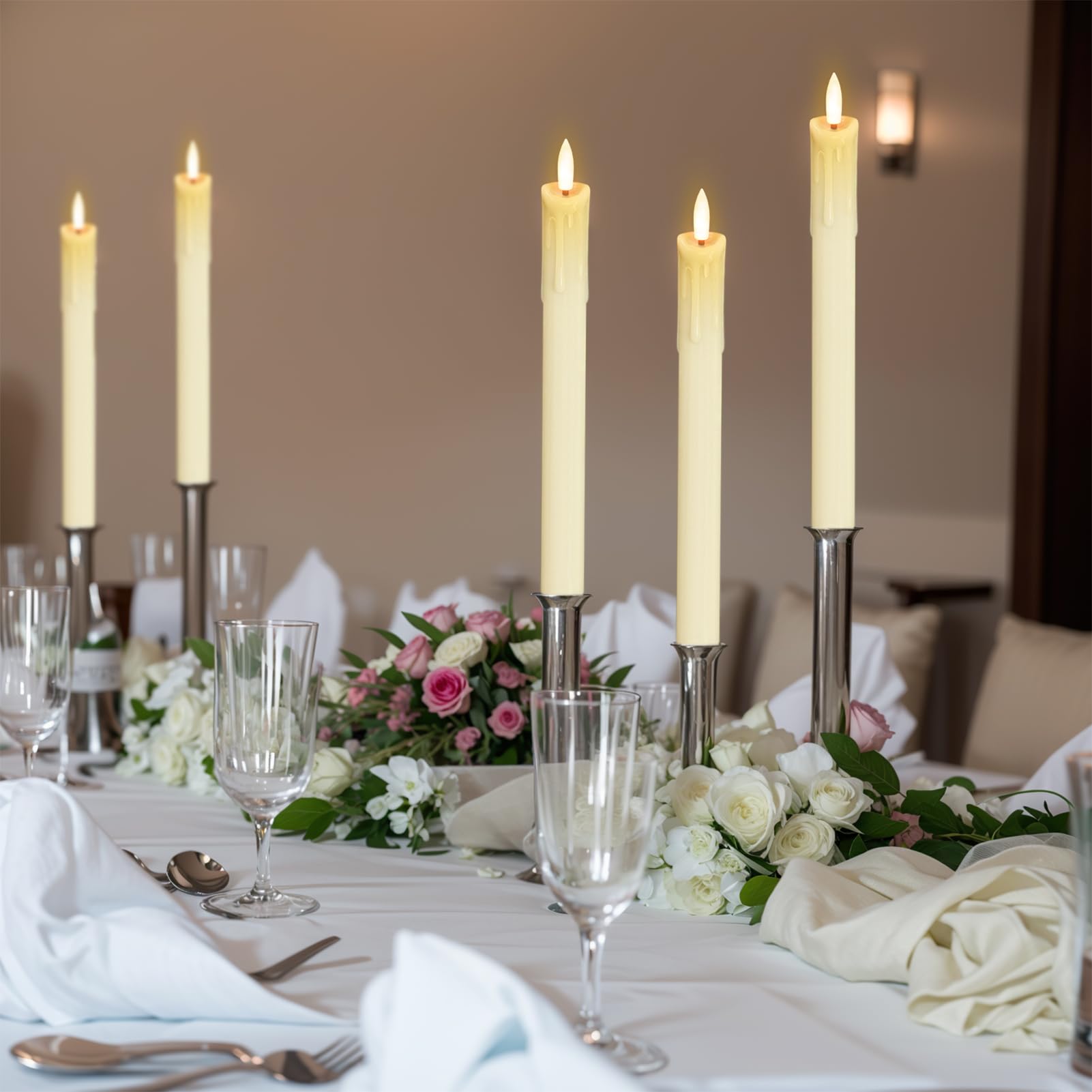 Lasumora ivory taper candles enhancing wedding and dining decor