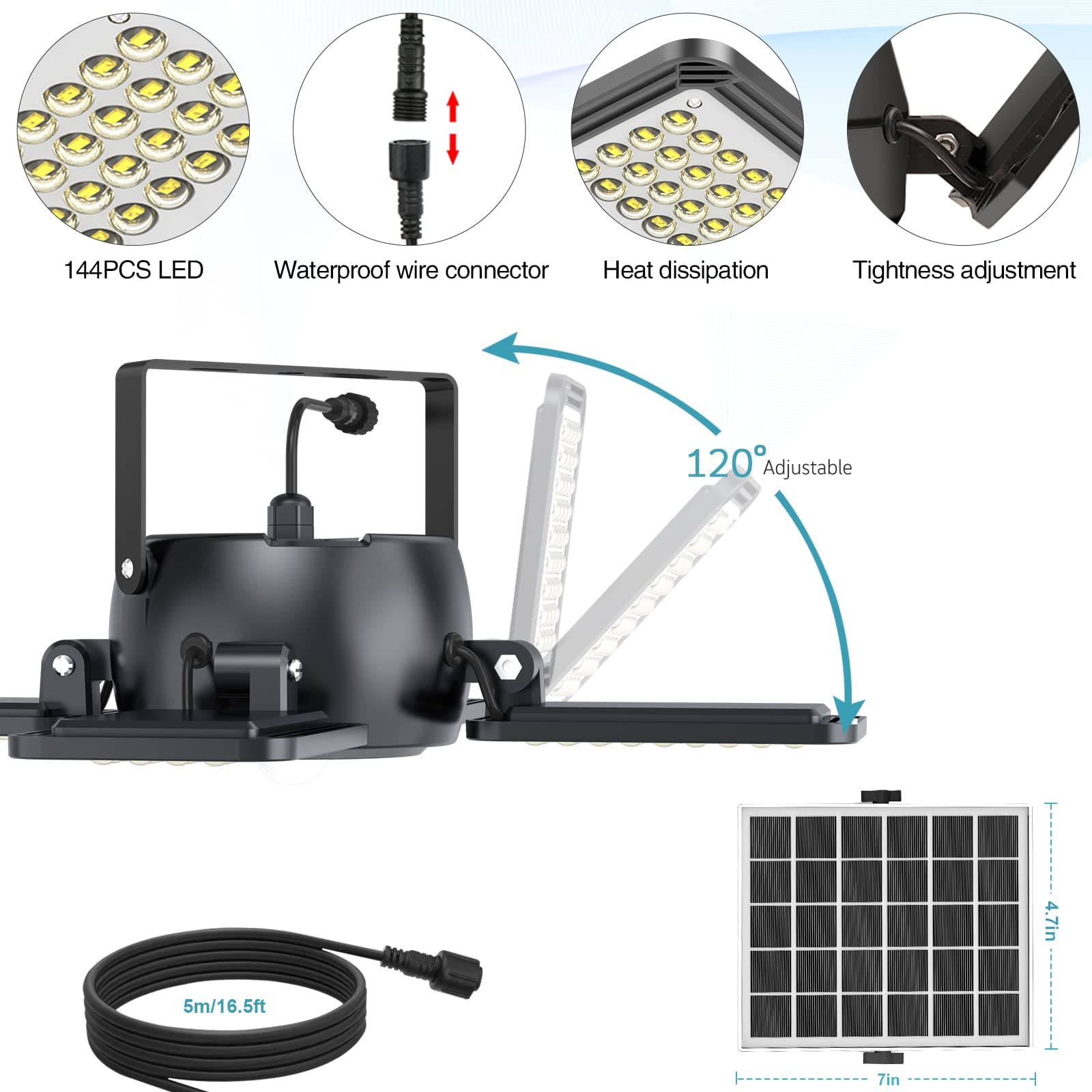 Latband solar panel with 16.5 ft cable for flexible placement.