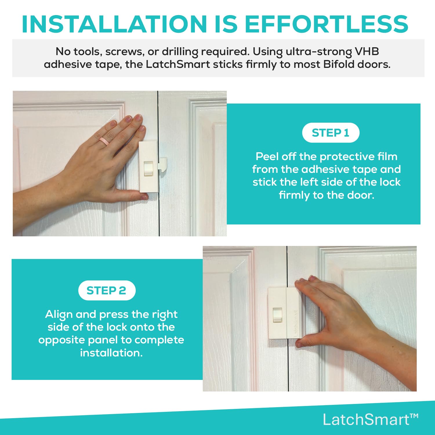 LatchSmart tool-free installation using foam tape on diverse bifold doors