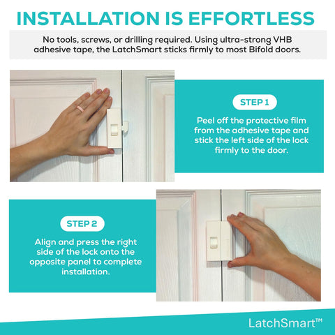 LatchSmart tool-free installation using foam tape on diverse bifold doors