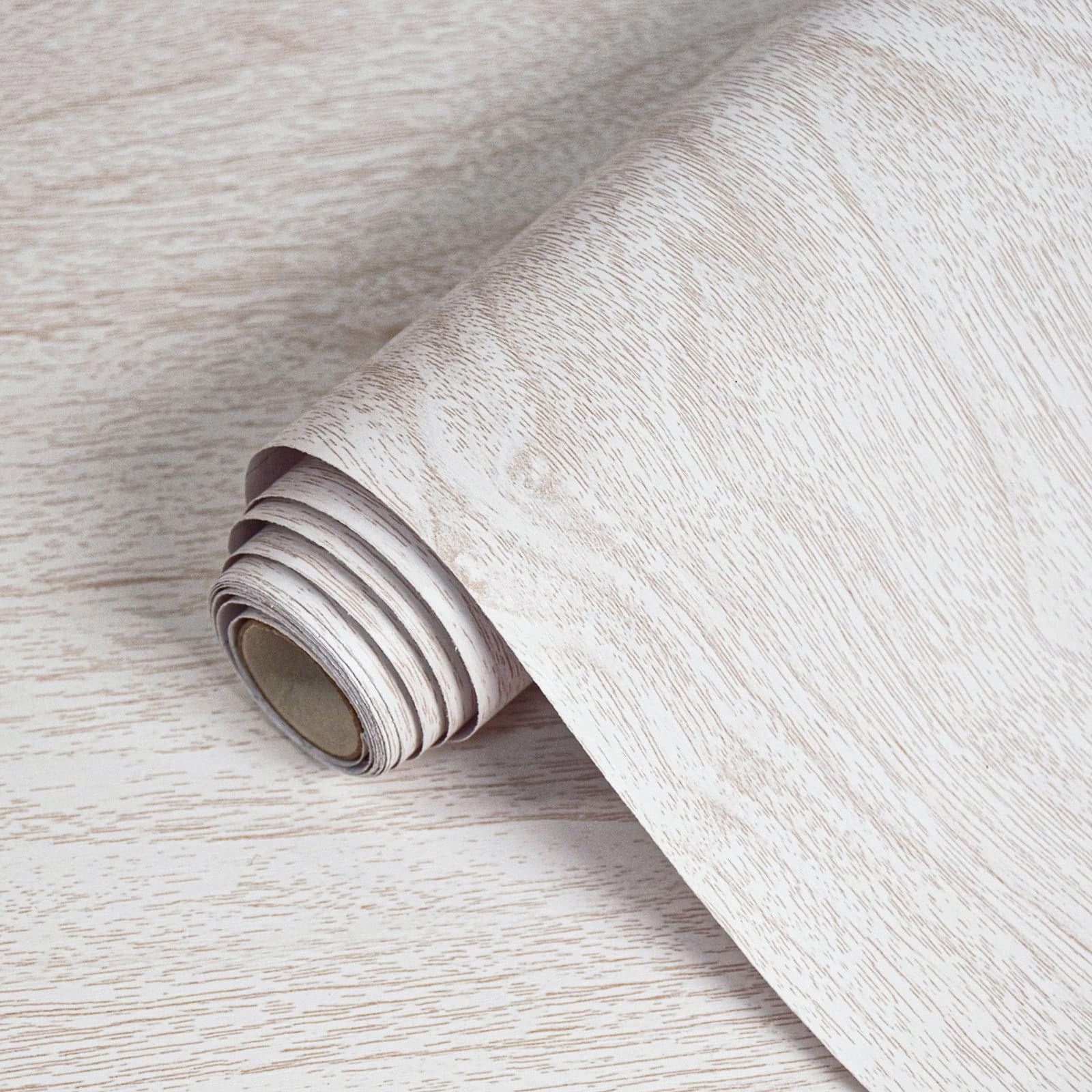 Latico White Wood Contact Paper roll close-up shows realistic grain and waterproof finish for cabinets.