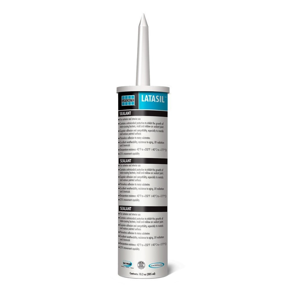 LATICRETE Latasil Bright White sealant tube for tile and stone joints, easy smoothing.
