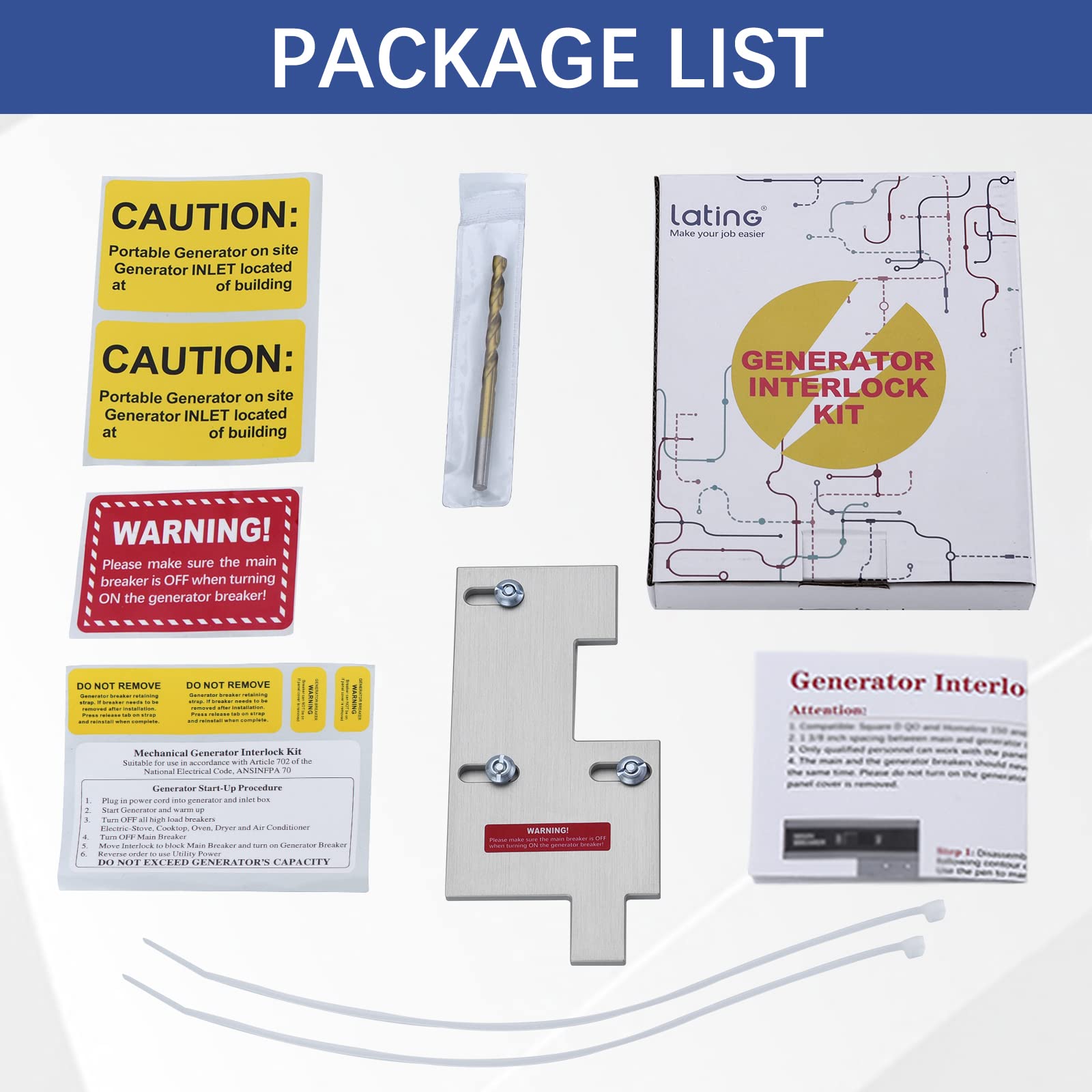 Package content includes interlock, safety labels, straps, drill bit, and guide.