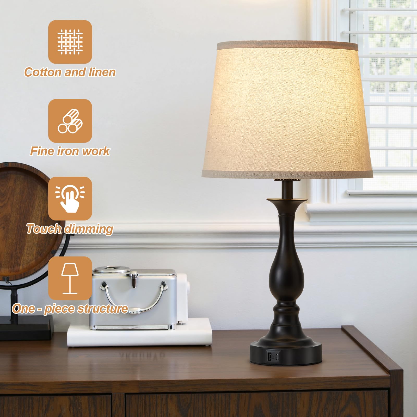 Lauag bedside lamp showing USB-C and USB-A ports for convenient device charging.