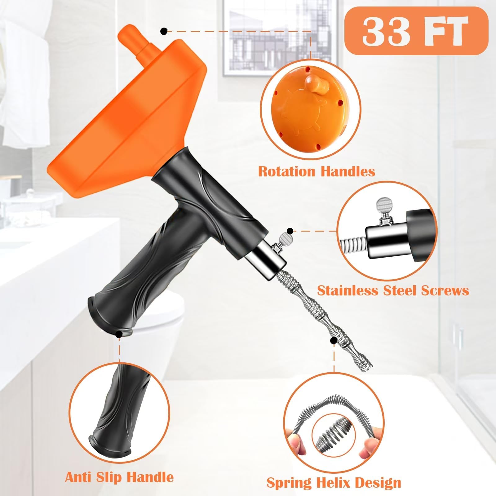 Launary Drain Auger 90-degree bend reaches stubborn blockages.