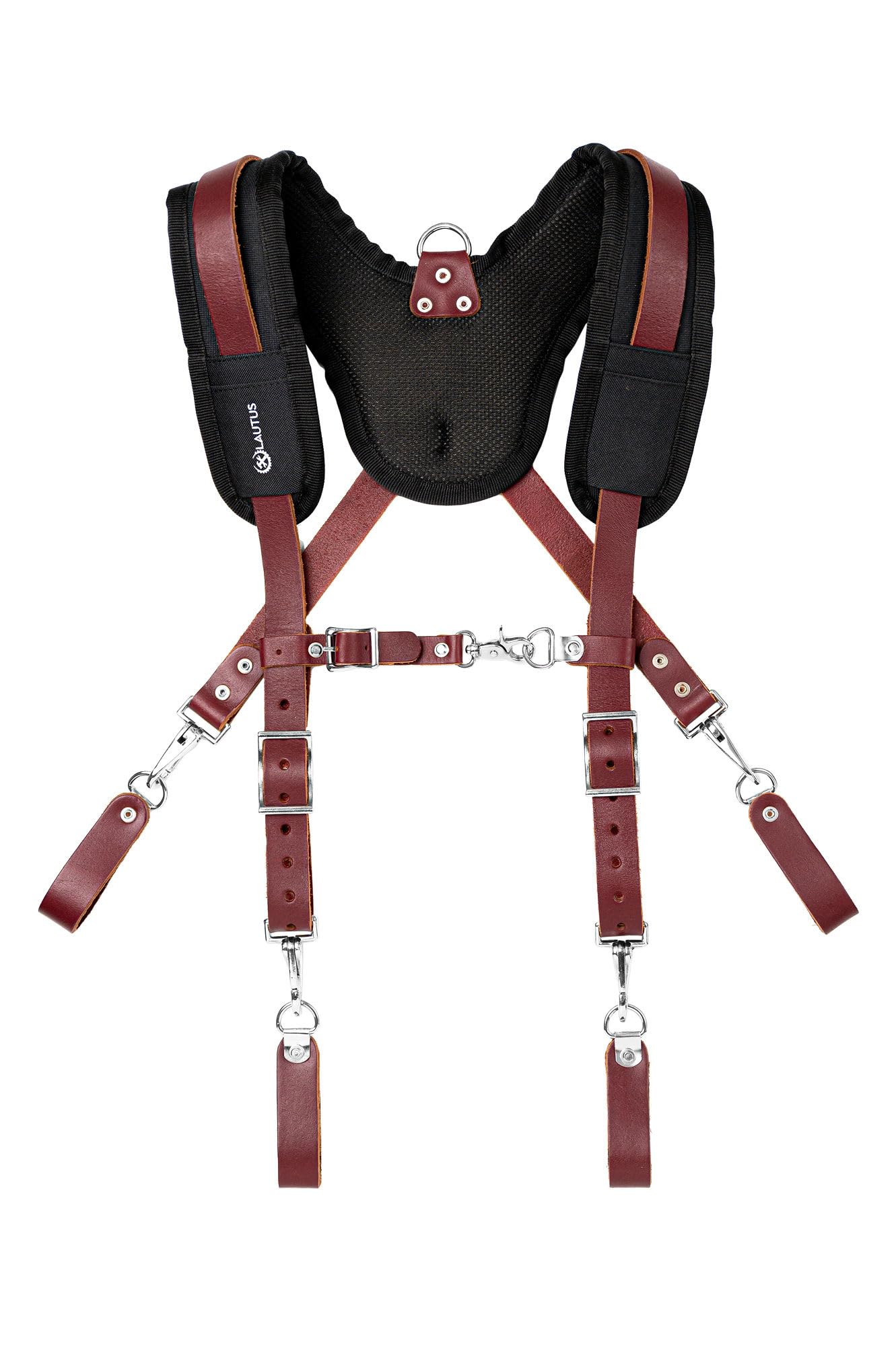 Laotus leather padded tool belt suspenders closeup, highlighting durable leather and stitching.