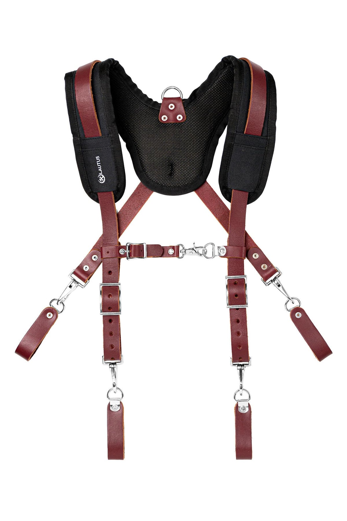Laotus leather padded tool belt suspenders closeup, highlighting durable leather and stitching.