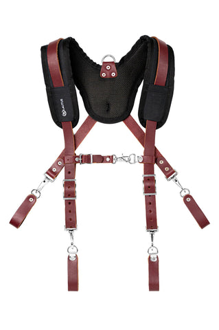 Laotus leather padded tool belt suspenders closeup, highlighting durable leather and stitching.