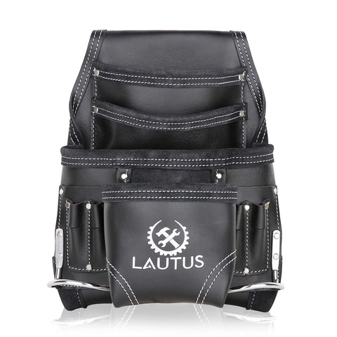 LAUTUS oil-tanned leather tool pouch bag front view for everyday carpentry use.