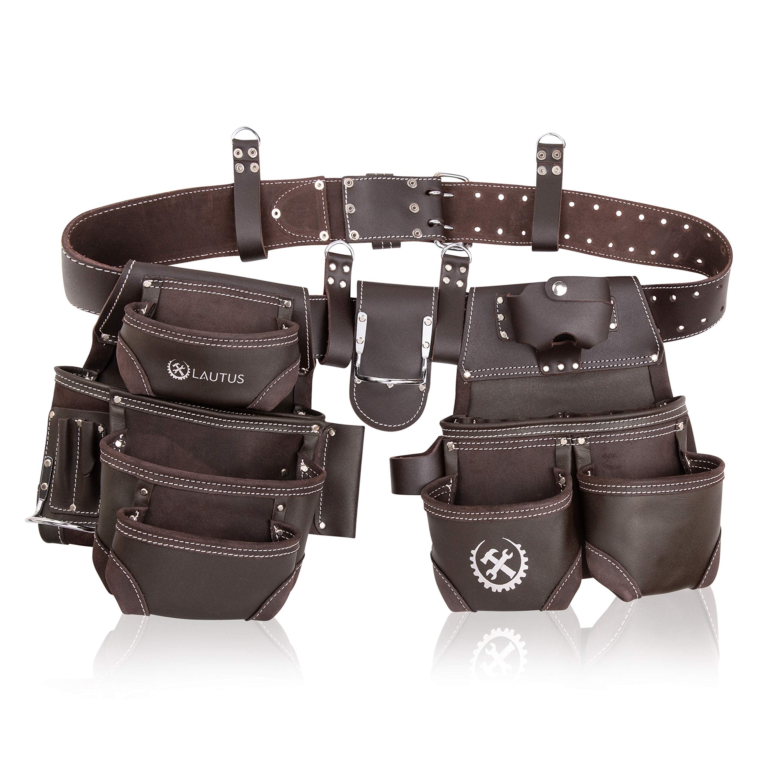 LAUTUS oiled tanned rig tool belt with wide pocket layout for tool storage.