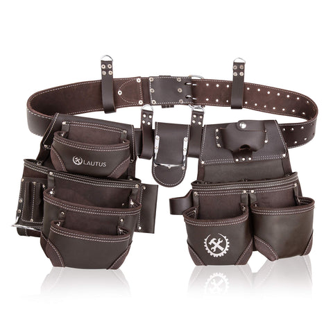 LAUTUS oiled tanned rig tool belt with wide pocket layout for tool storage.