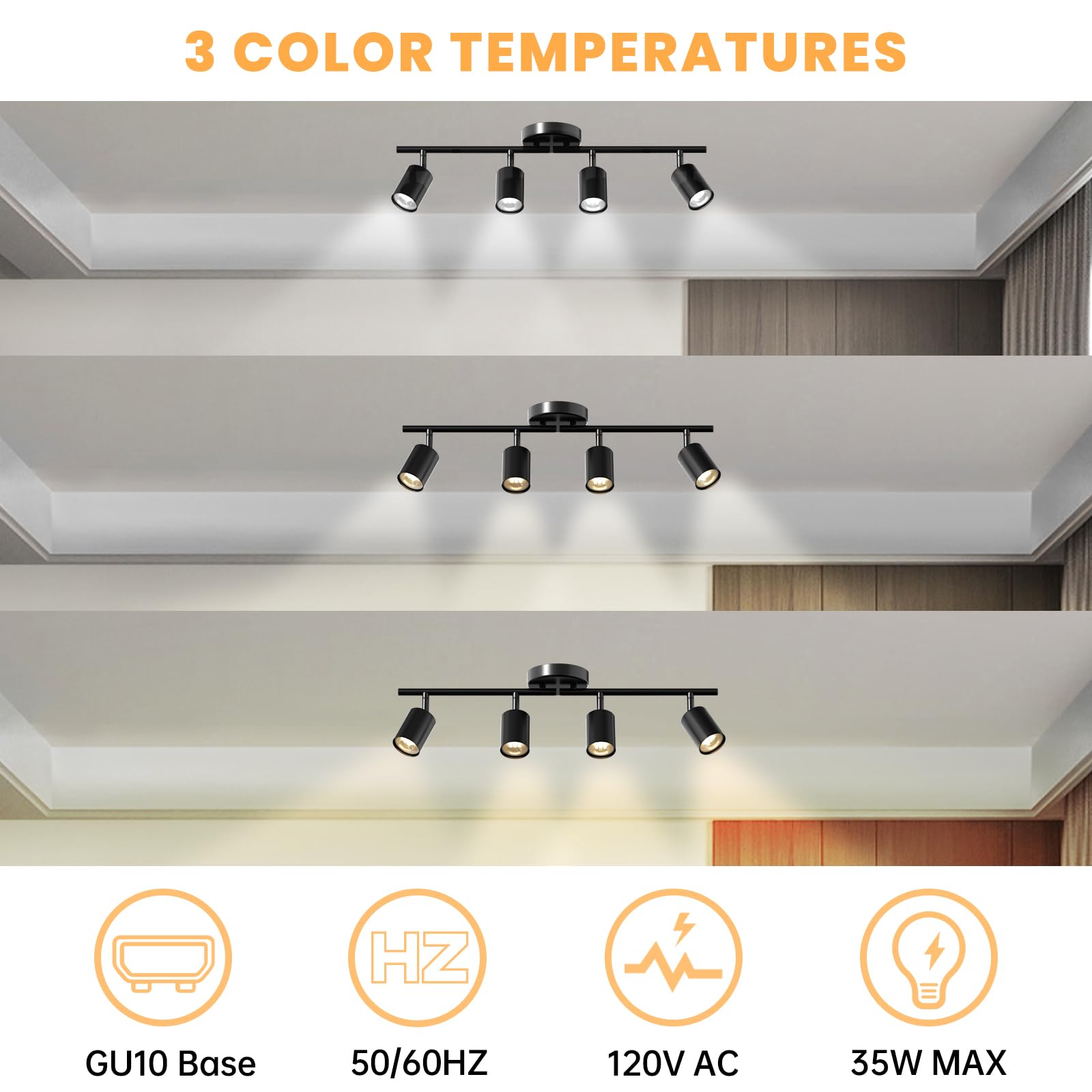 Lavendex track light heads offer 350-degree rotation for flexible lighting.