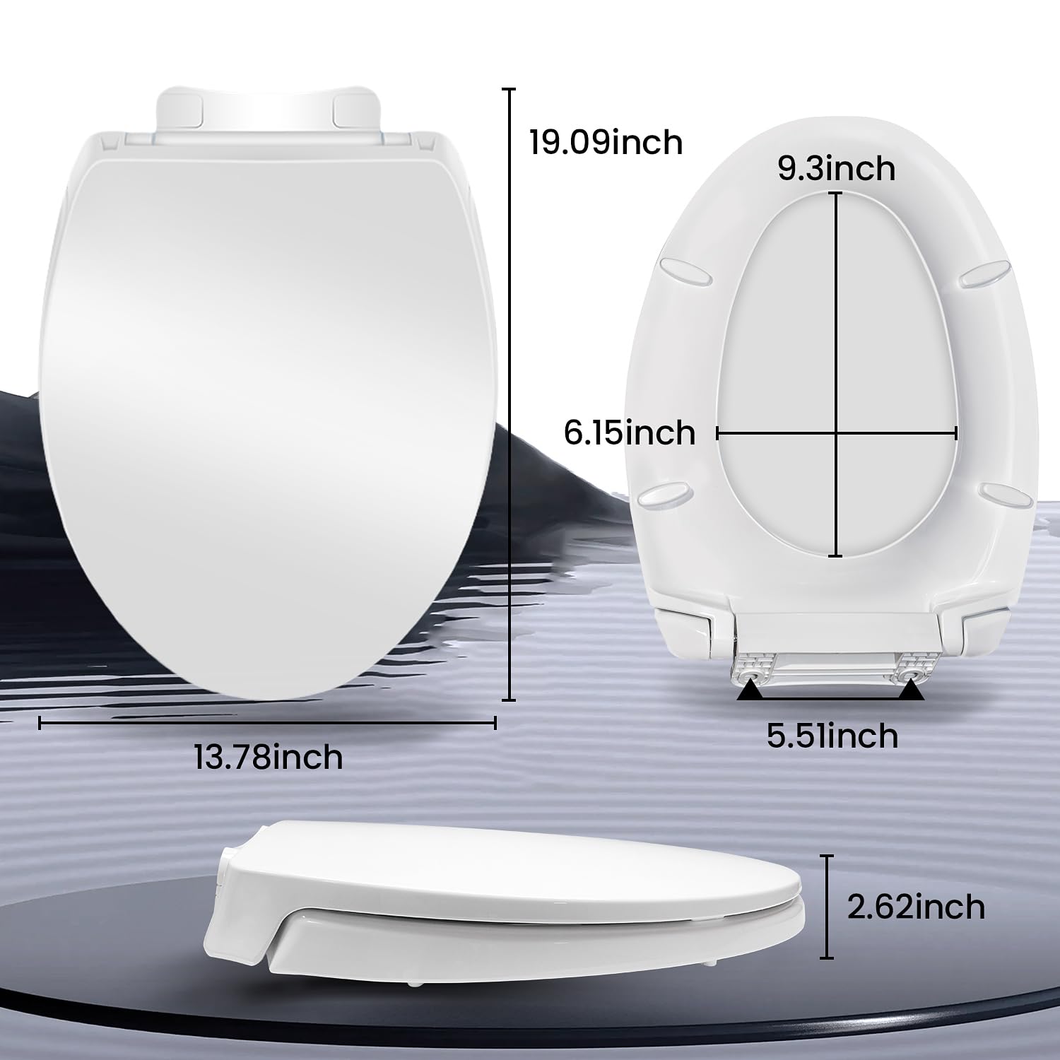 LavishStream soft-close hinge visible on elongated cotton white toilet seat for gentle closing.
