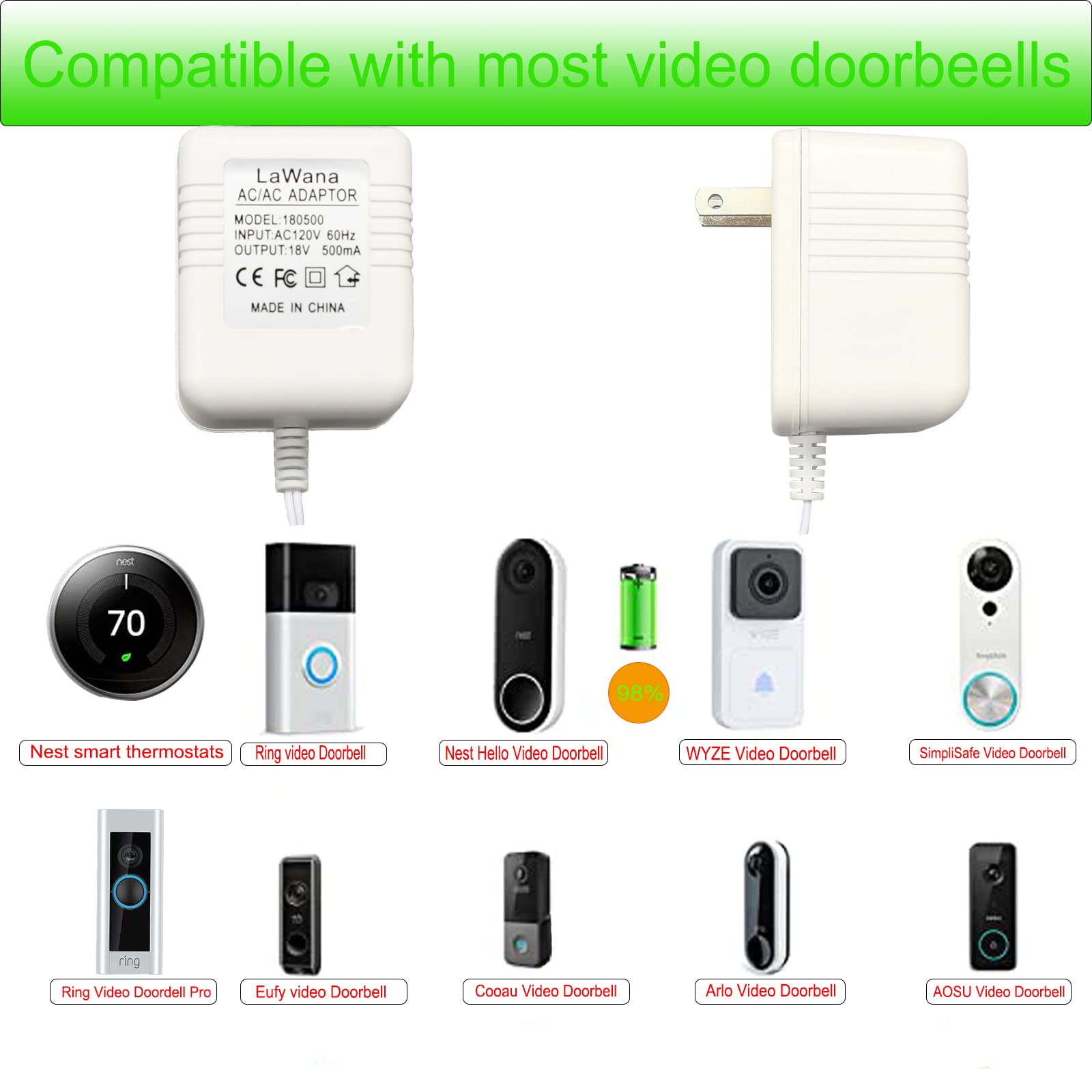 LaWana 18V 500mA doorbell transformer powers Ring and Nest for stable operation