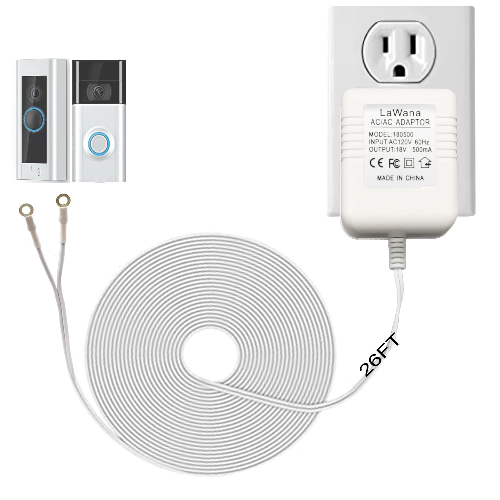LaWana 26ft doorbell charging cable for uninterrupted power during use