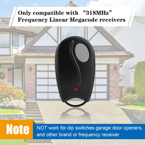 Compatibility with Linear Megacode receivers documented for easy pairing.