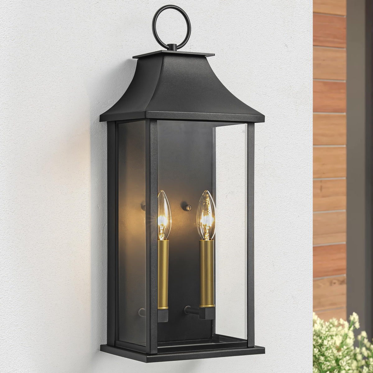 Lawyettle Dusk-to-Dawn lantern front view with glass panels for automatic entryway lighting.