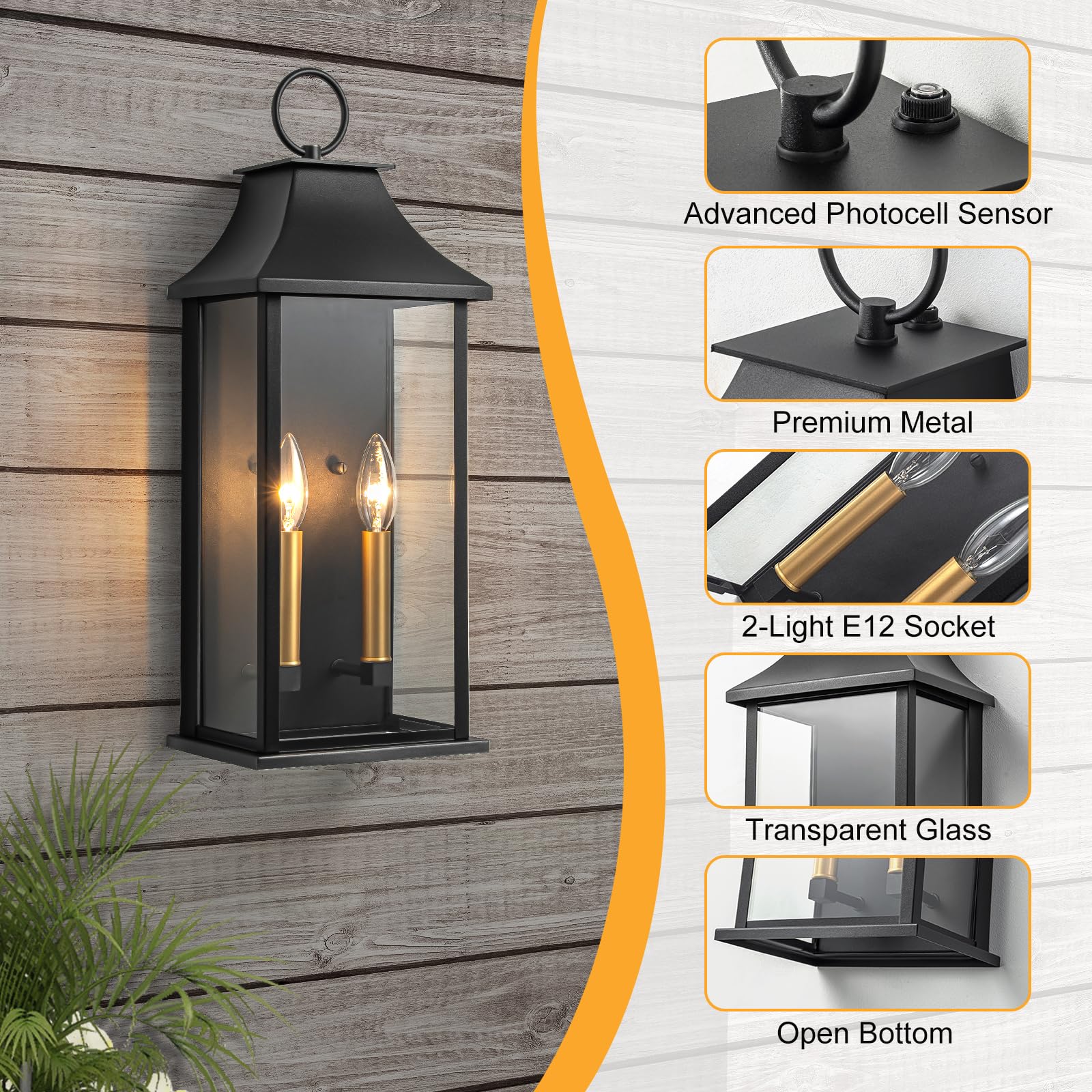 Lawyettle Dusk-to-Dawn mounted on wall for porch lighting.
