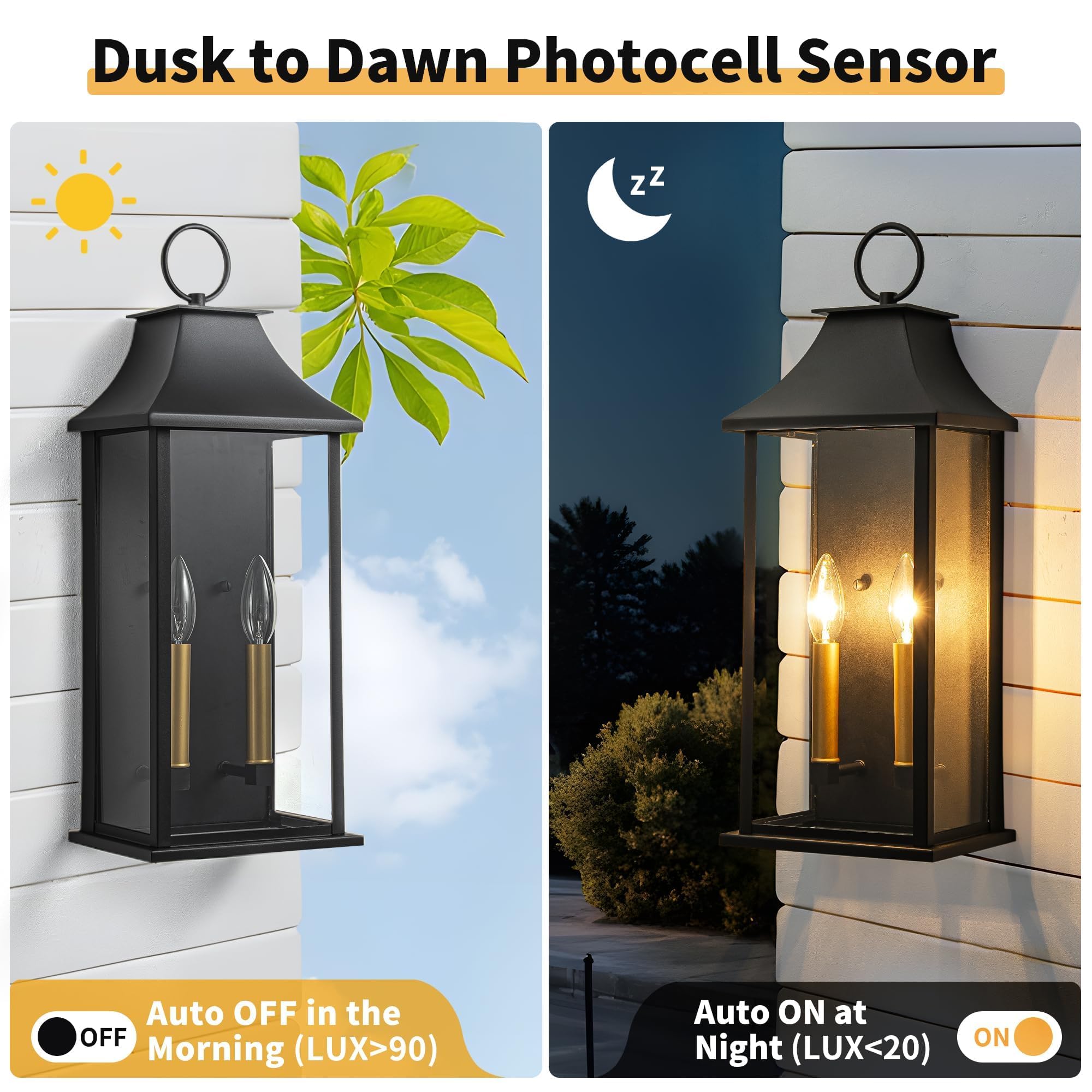 Lawyettle Dusk-to-Dawn lantern side angle showing weatherproof metal for rain-ready exterior.