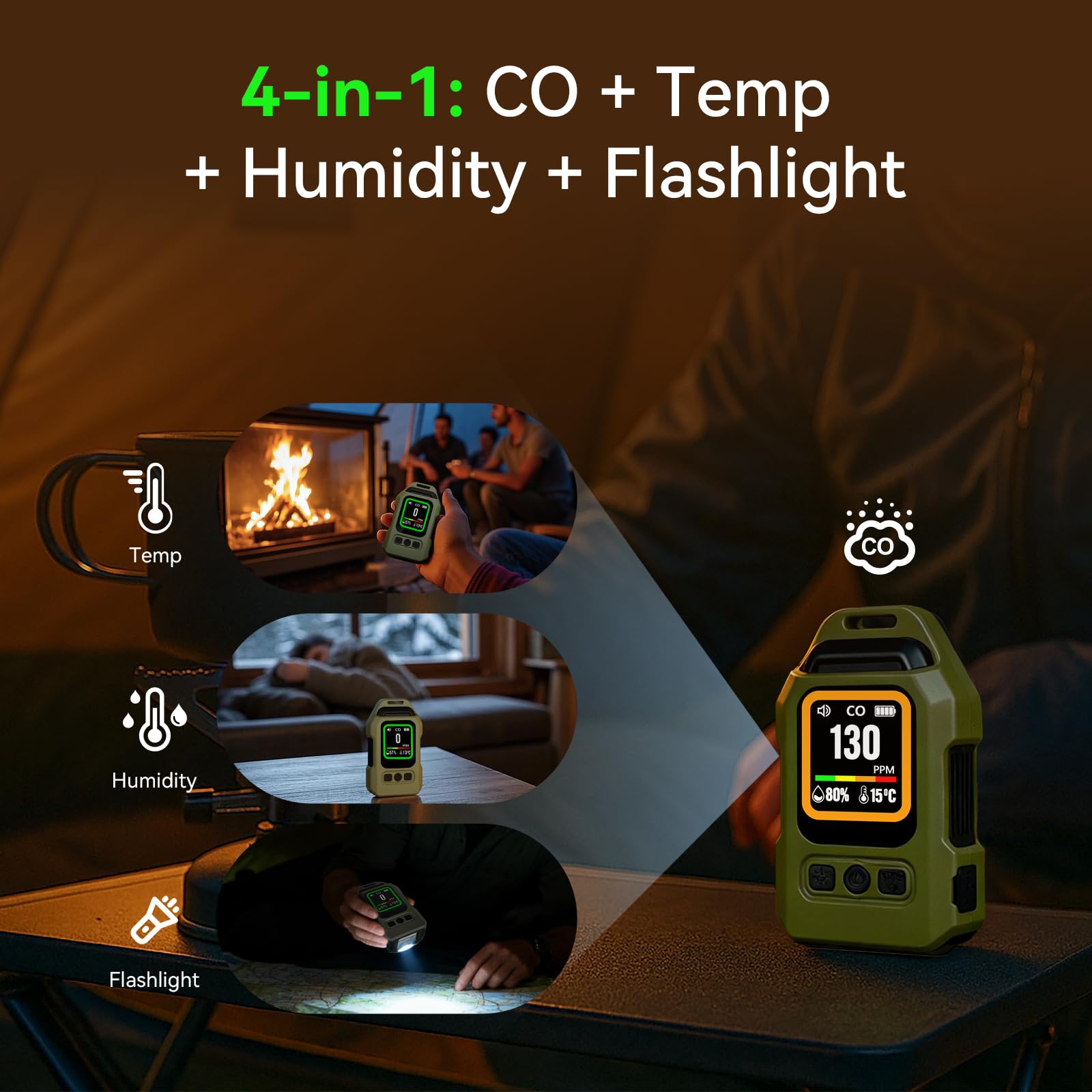 Laxmara 4-in-1 CO detector with temp and humidity monitoring.