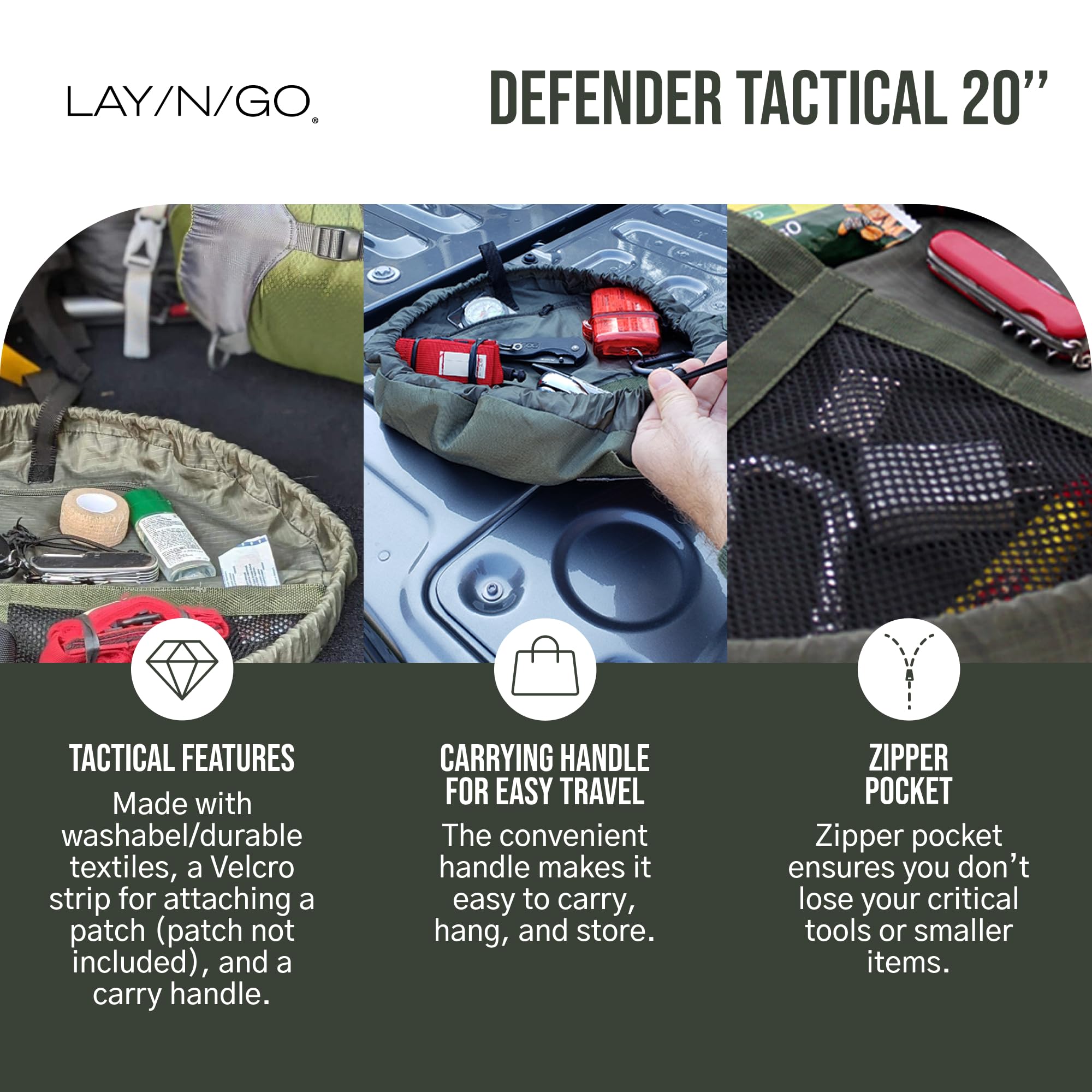 Lay-n-Go Defender bag raised edge prevents items from rolling away