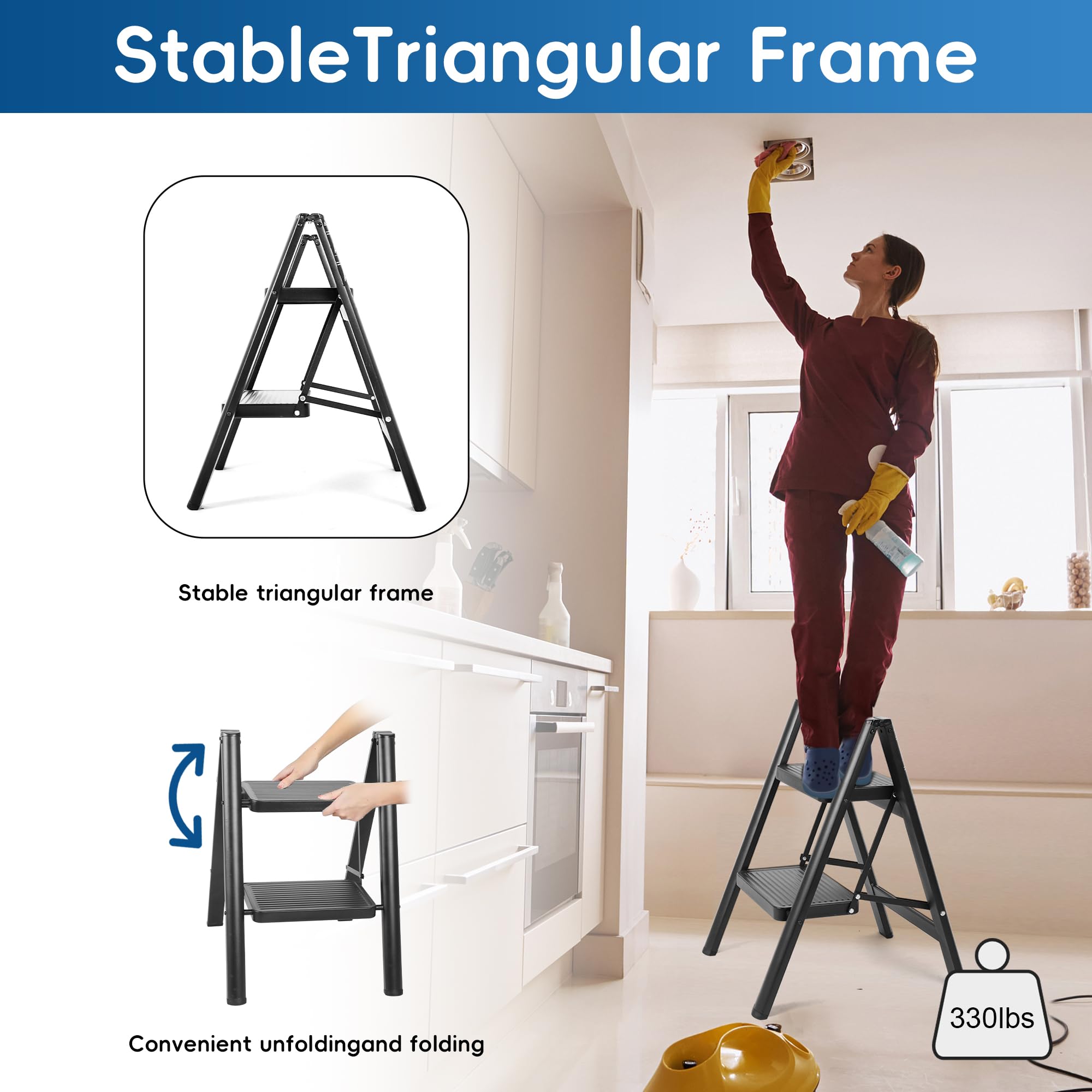 LAYSHINEEN 2 Step Ladder non-slip pedals ensure secure footing