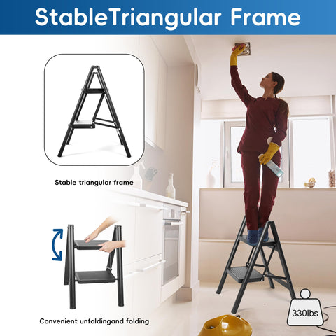 LAYSHINEEN 2 Step Ladder non-slip pedals ensure secure footing