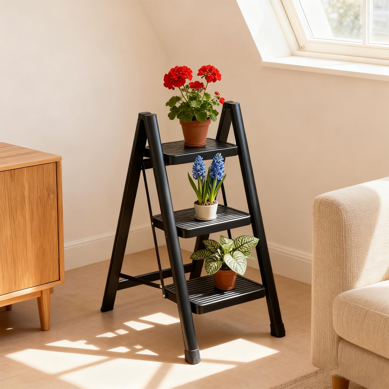 LAYSHINEEN compact ladder fits under a bed or behind a door.