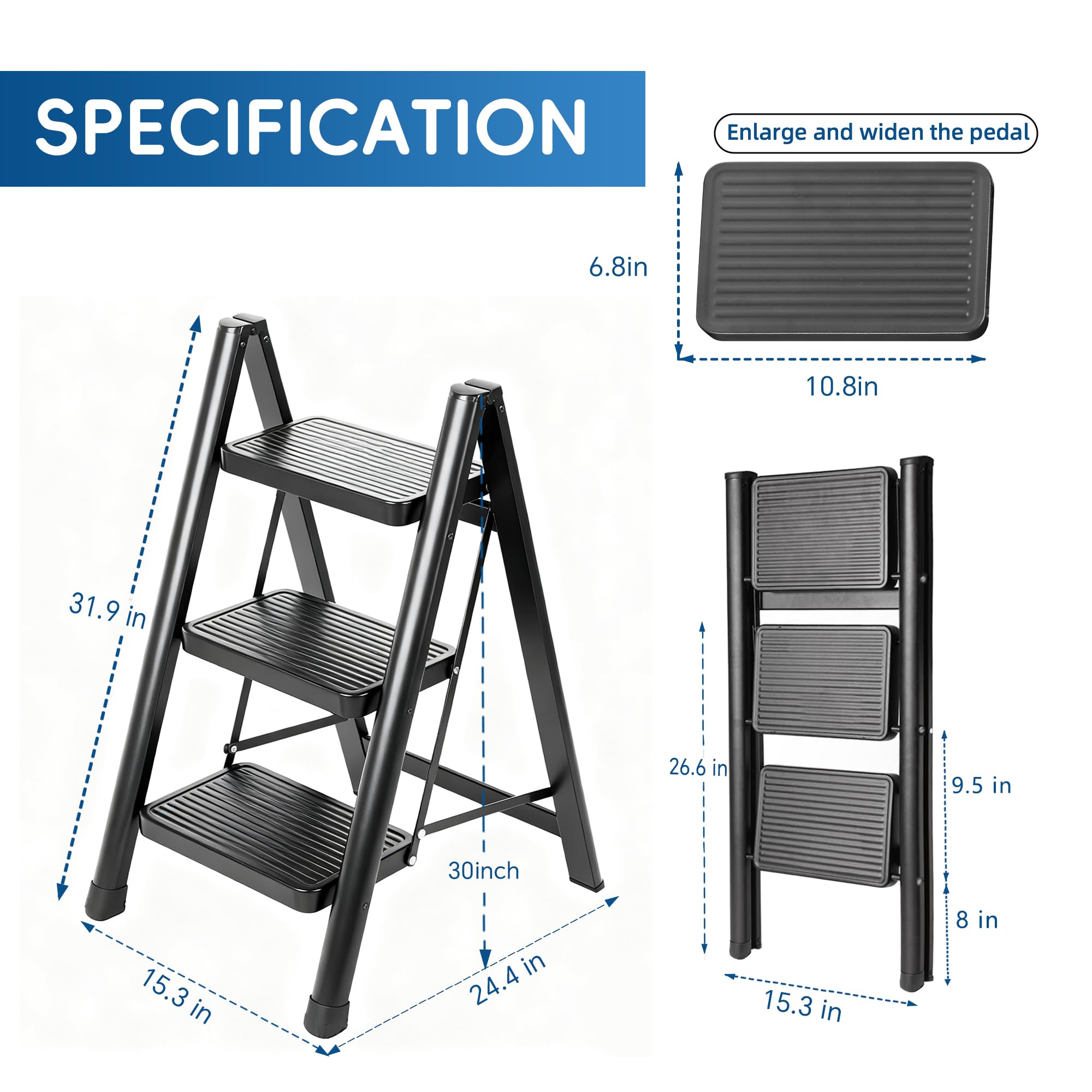 LAYSHINEEN 3-Step Ladder wide pedals support stable reaching tasks.