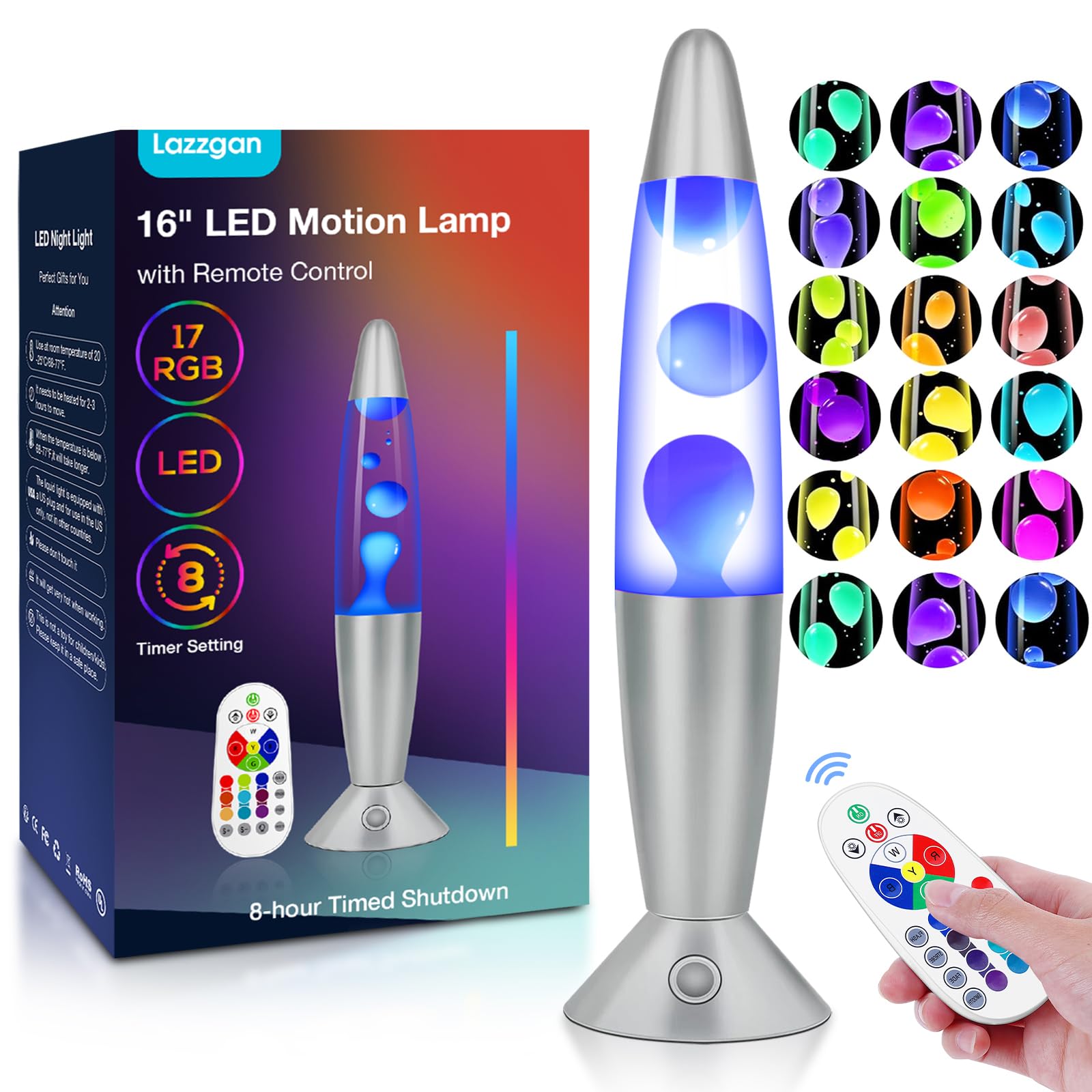 Lazzgan 17-color change lamp side view; vibrant ambient lighting.