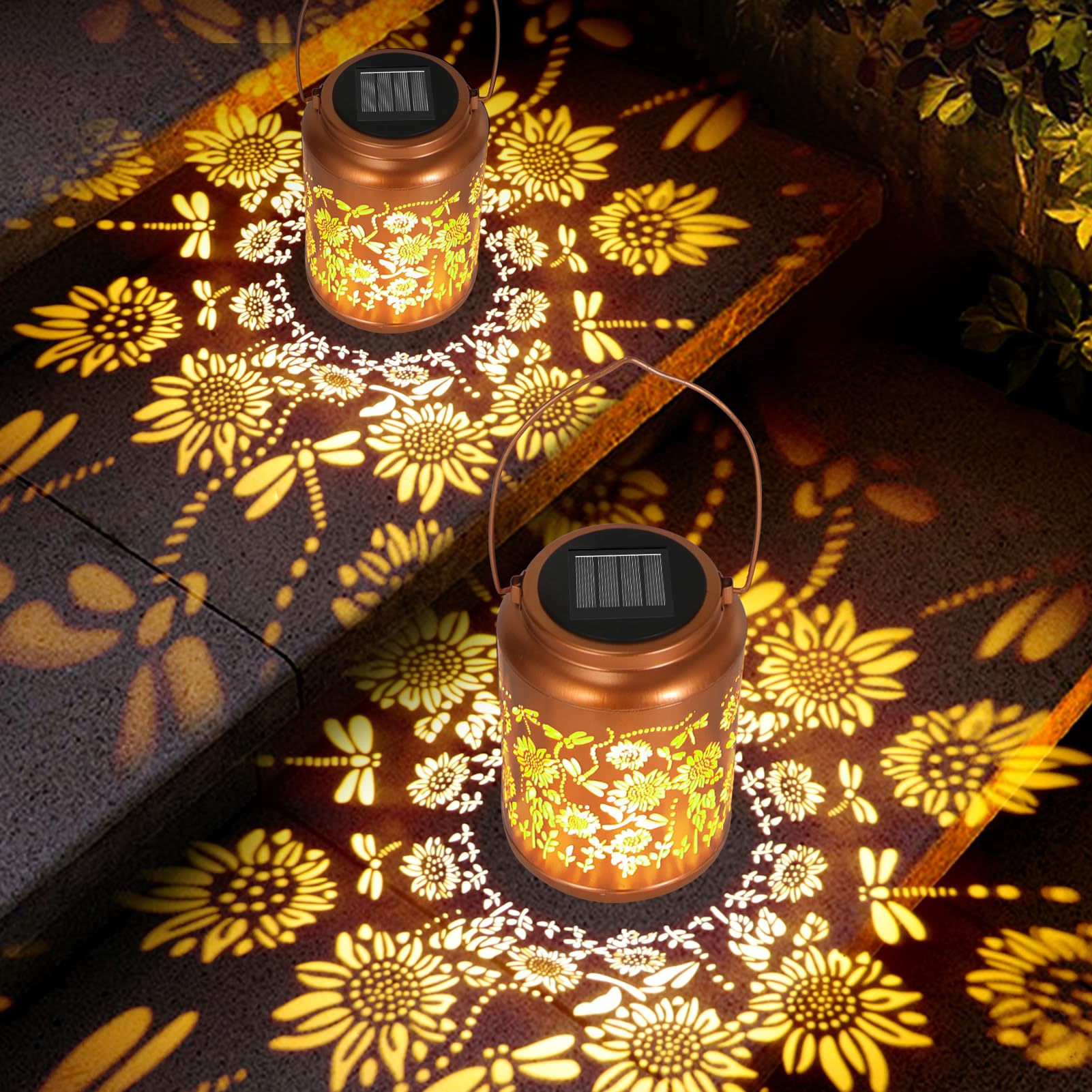 Lazzgan solar sunflower lantern hanging in a tree projecting butterfly patterns