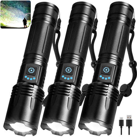 LBE 3-pack rechargeable flashlights shown together for camping and home use.