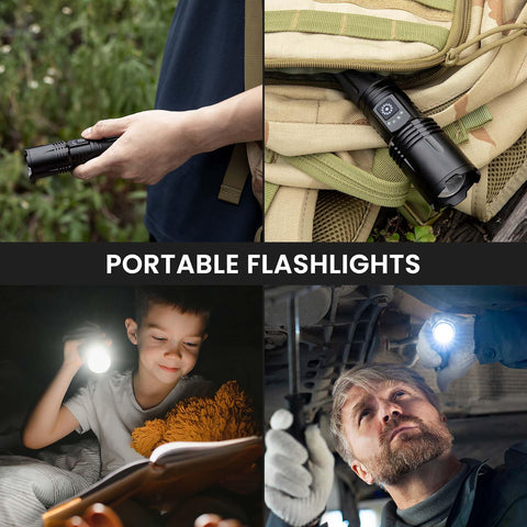Includes three flashlights, cables, lanyards, and case included.