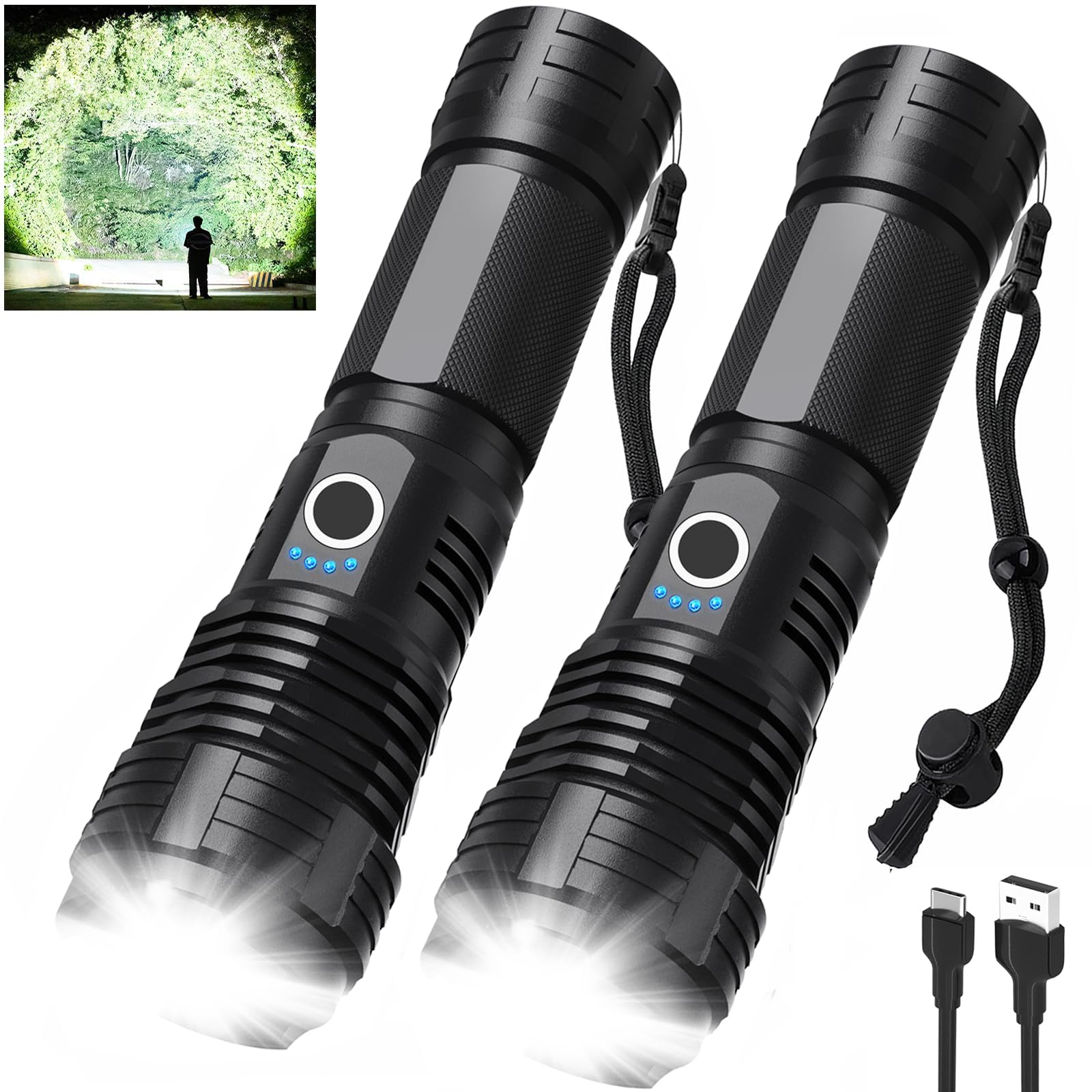LBE 90,000-lumen flashlight beam lights up a wide outdoor area.
