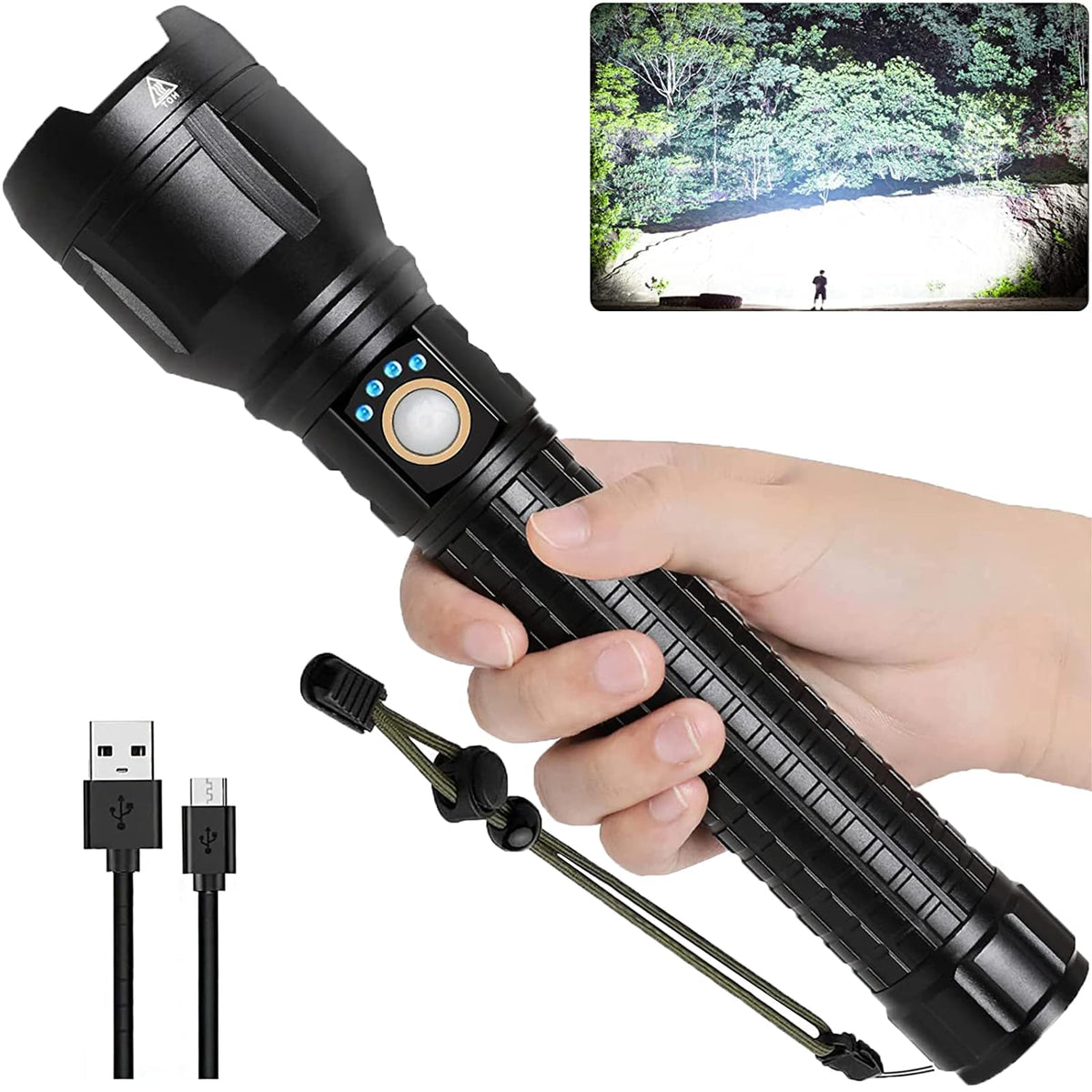 LBE Rechargeable Brightest LED Flashlight front view for reliable outdoor lighting