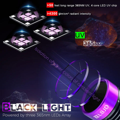 LBJD Blacklight UV Flashlight triple-core 365nm LED array enables bright fluorescence for easy spotting.