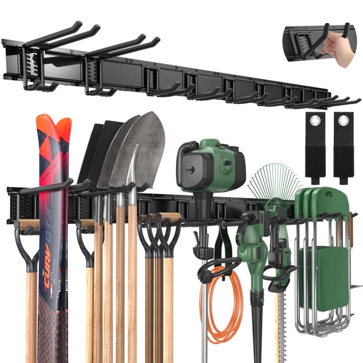 LBT 66-inch wall-mount organizer neatly arranges garden tools.