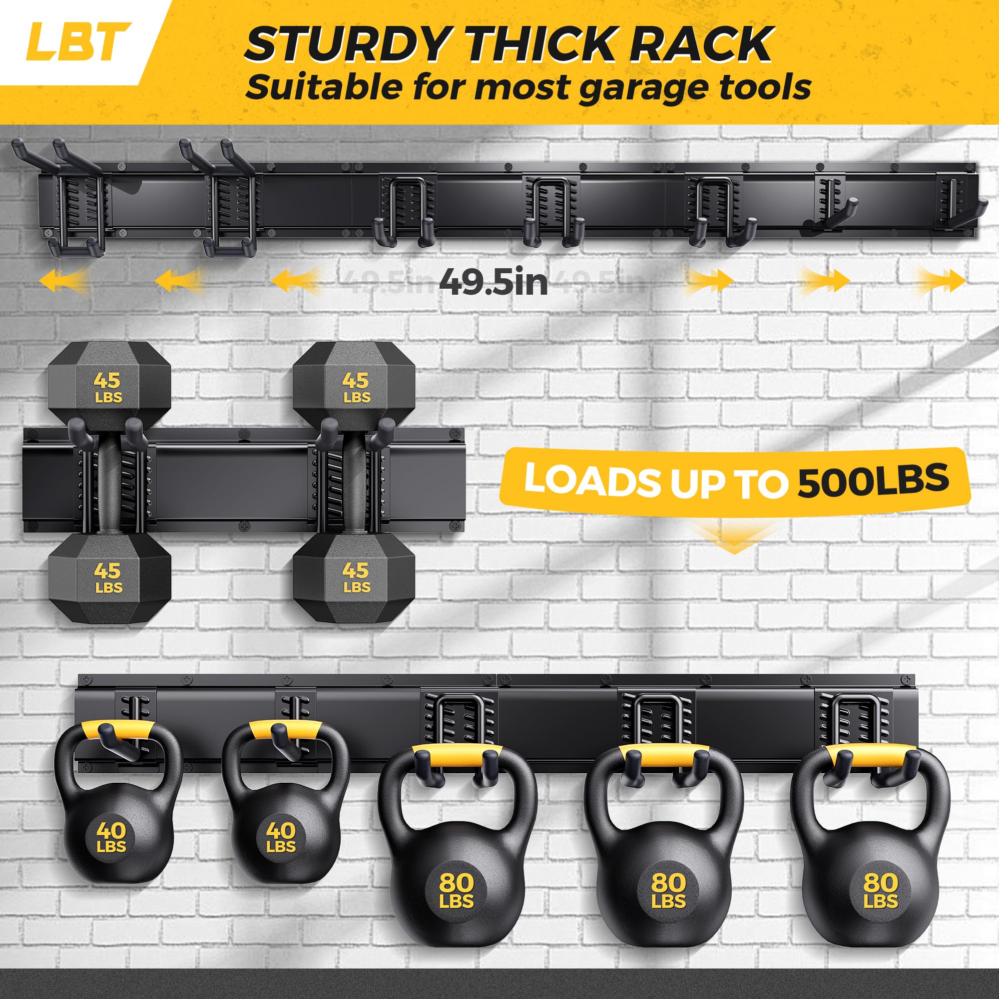 LBT garage tool organizer assembly guide demonstrates adjustable rails for customized storage.