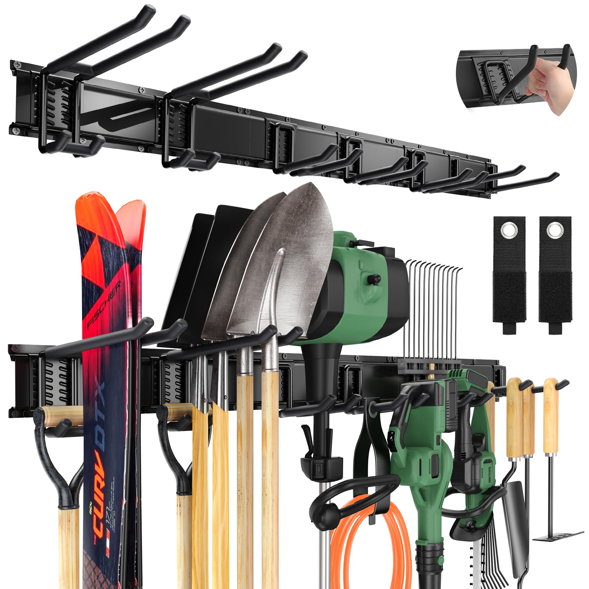 LBT garage tool organizer wall mount rail closeup highlighting sturdy construction for heavy-duty use.