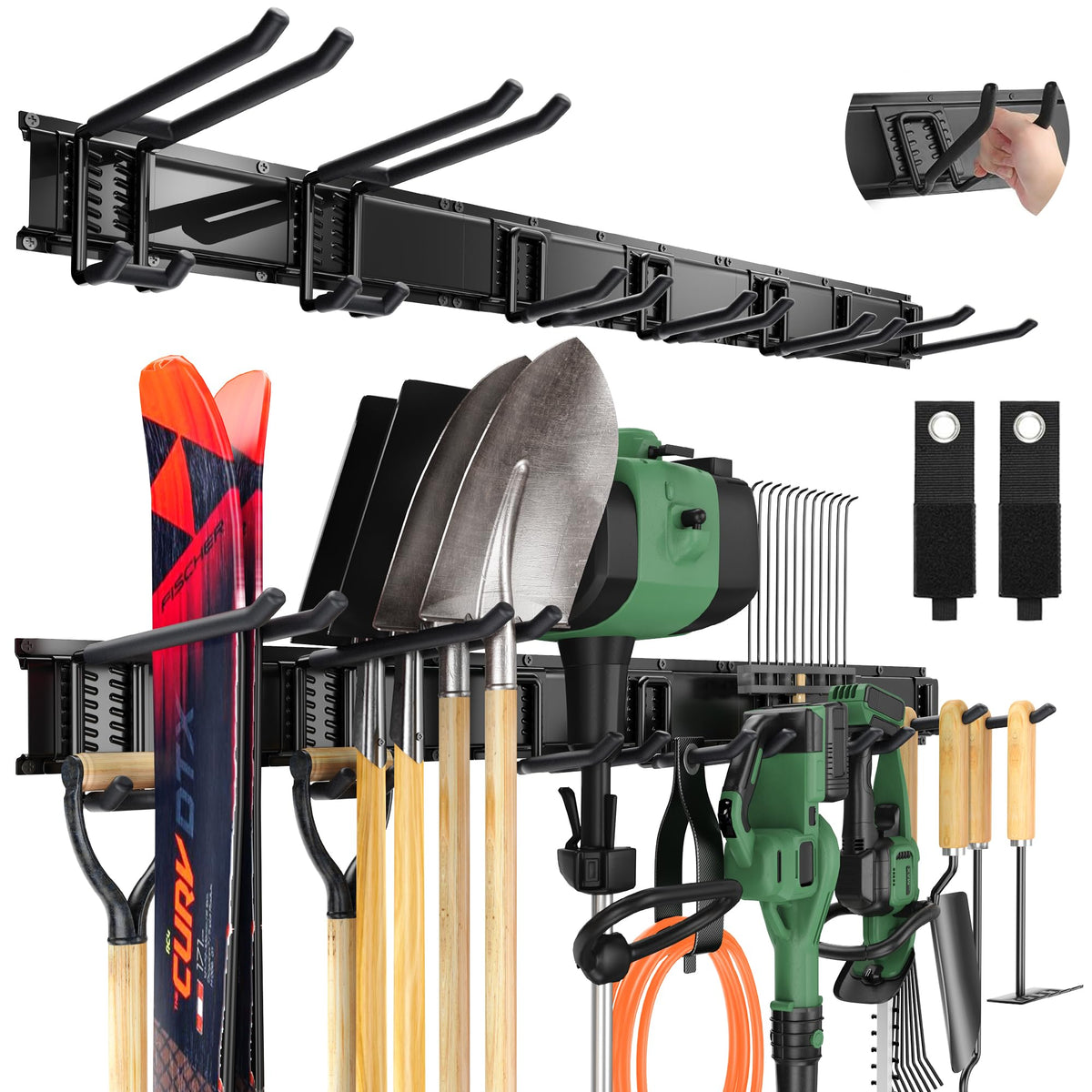 LBT garage tool organizer wall mount rail closeup highlighting sturdy construction for heavy-duty use.