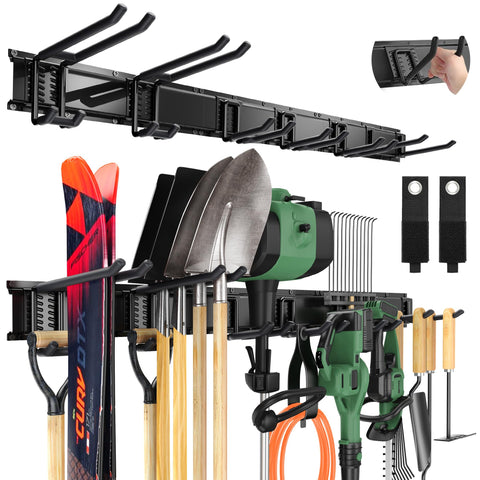 LBT garage tool organizer wall mount rail closeup highlighting sturdy construction for heavy-duty use.